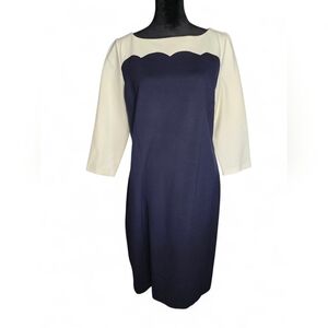 Talbots Navy/Cream Scalloped Detail 3/4 Sleeve Sheath Midi Dress, Women Size 6